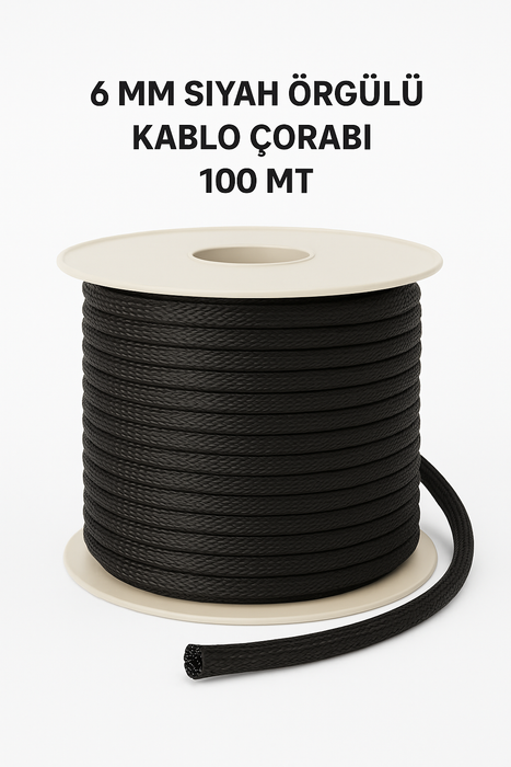 6 MM Siyah Örgülü Kablo Çorabı 100 MT