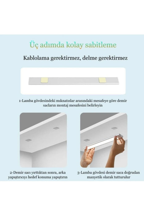 10W Ledli Mutfak ve Dolap İçi 3 Renk Mod'lu USB Şarjlı Hareket Sensörlü Armatür