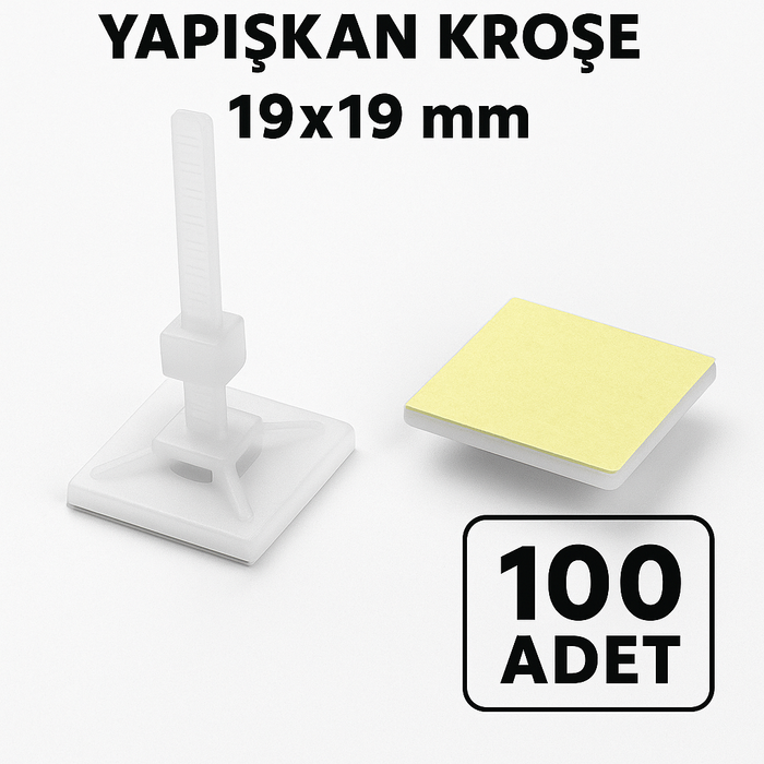 Yapışkan Kroşe 19x19 Beyaz 100 Adet Kablo Bağı Tutucu