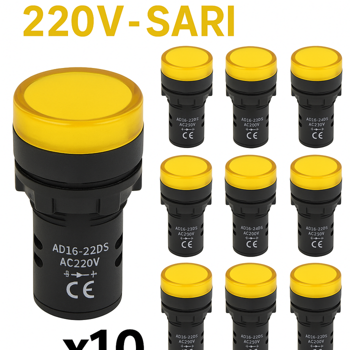 22 mm Ledli Sinyal Lambası 220V - SARI 10 Adet