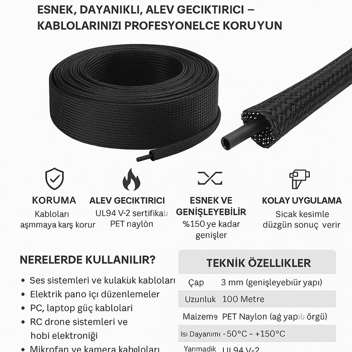 3 MM Siyah Örgülü Kablo Çorabı 100 MT